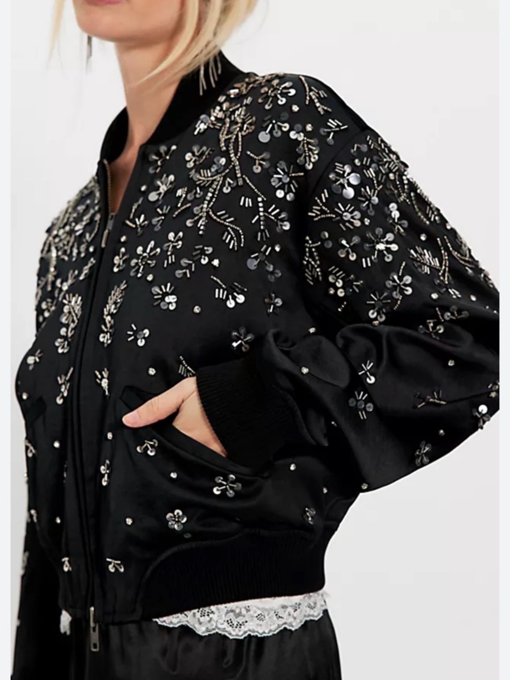 FP Stassi Embellished Bomber Jacket In Black With Sequin And Bead Floral 🔥Size S